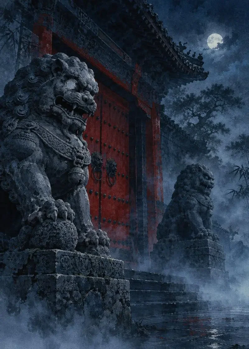 石狮子看着谁 - 民俗谜案 - 黄果短剧App 石狮子看着谁 封面,民俗谜案题材,故事发生在深宅旧院